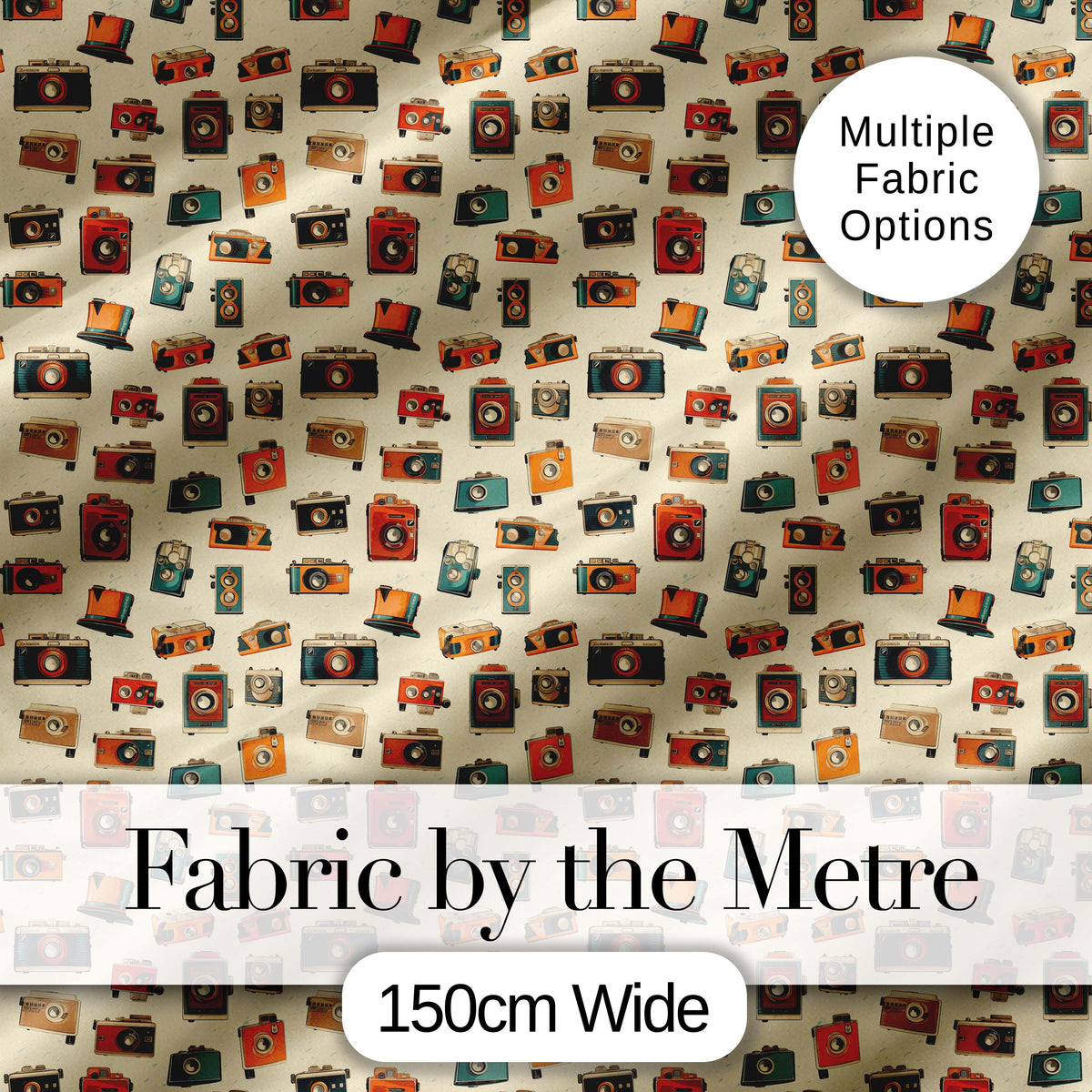 Vintage Retro Camera Collection Seamless Pattern with Film Cameras Digital Print Fabric by the Metre UK Sewing Quilting Textile