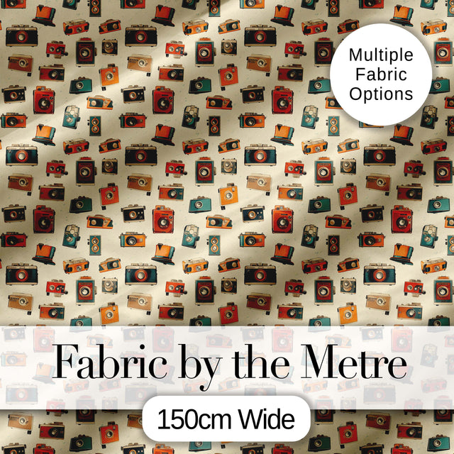 Vintage Retro Camera Collection Seamless Pattern with Film Cameras Digital Print Fabric by the Metre UK Sewing Quilting Textile