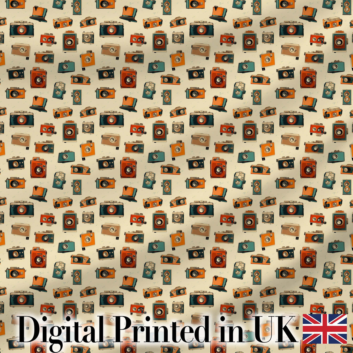 Vintage Retro Camera Collection Seamless Pattern with Film Cameras Digital Print Fabric by the Metre UK Sewing Quilting Textile