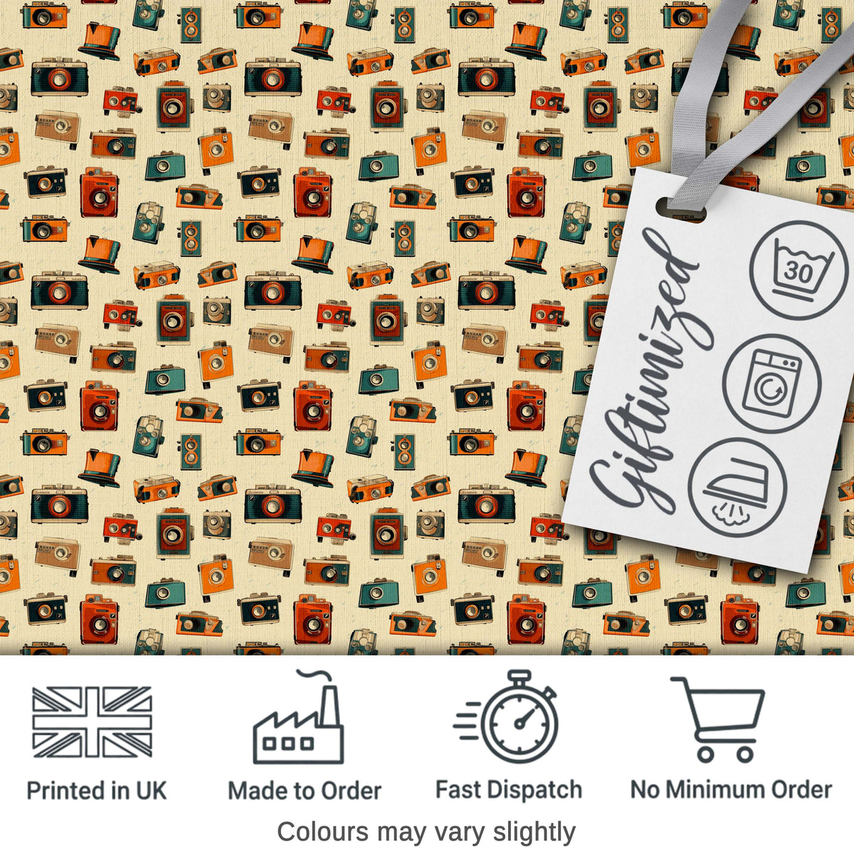 Vintage Retro Camera Collection Seamless Pattern with Film Cameras Digital Print Fabric by the Metre UK Sewing Quilting Textile