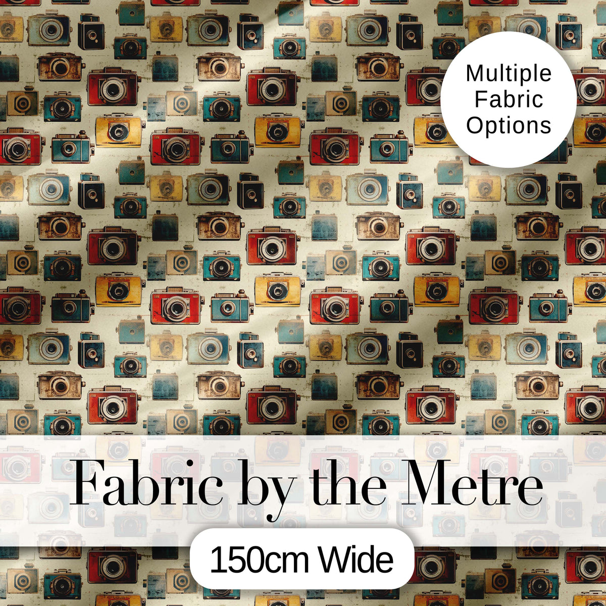 Vintage Colourful Retro Camera Grid Seamless Pattern on Cream Background Digital Print Fabric by the Metre UK Sewing Quilting Textile