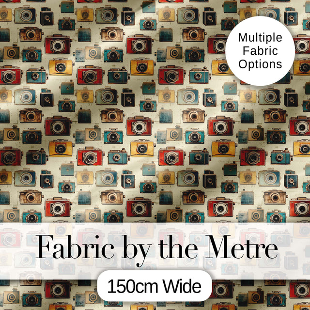 Vintage Colourful Retro Camera Grid Seamless Pattern on Cream Background Digital Print Fabric by the Metre UK Sewing Quilting Textile