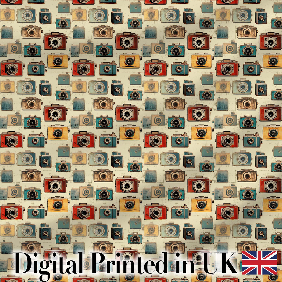 Vintage Colourful Retro Camera Grid Seamless Pattern on Cream Background Digital Print Fabric by the Metre UK Sewing Quilting Textile