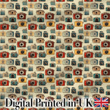 Vintage Colourful Retro Camera Grid Seamless Pattern on Cream Background Digital Print Fabric by the Metre UK Sewing Quilting Textile
