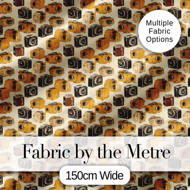 Mustard Yellow and Black Vintage Camera Illustration Seamless Pattern Digital Print Fabric by the Metre UK Sewing Quilting Textile