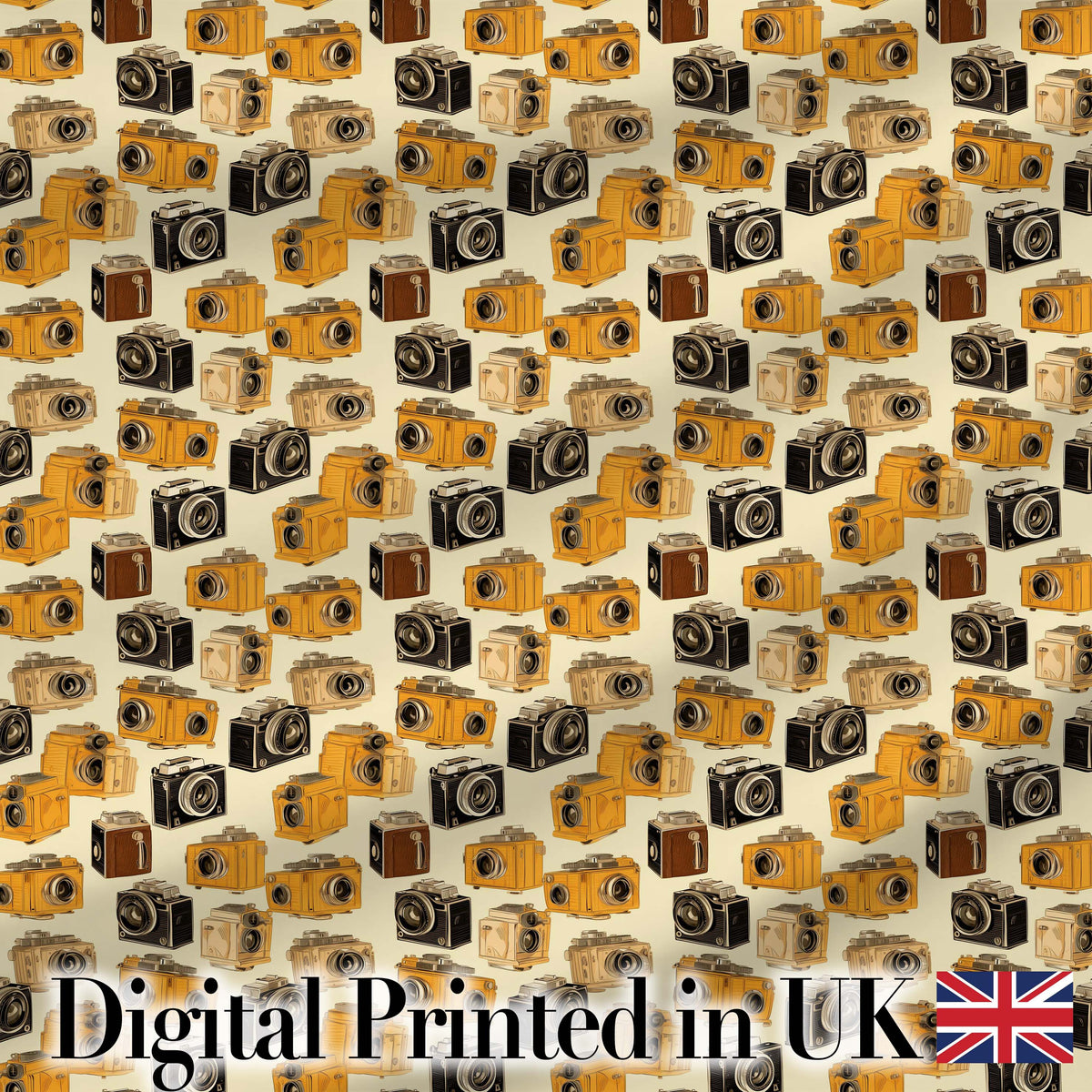Mustard Yellow and Black Vintage Camera Illustration Seamless Pattern Digital Print Fabric by the Metre UK Sewing Quilting Textile