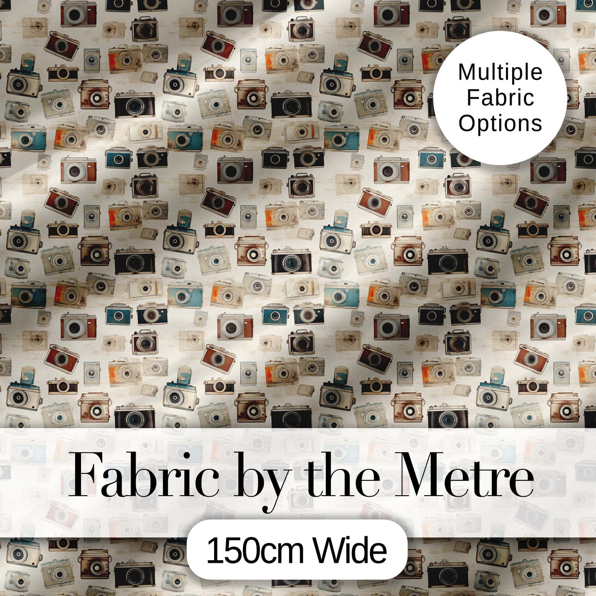Soft Watercolour Vintage Camera Tossed Seamless Pattern Neutral Background Digital Print Fabric by the Metre UK Sewing Quilting Textile