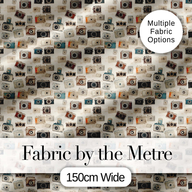 Soft Watercolour Vintage Camera Tossed Seamless Pattern Neutral Background Digital Print Fabric by the Metre UK Sewing Quilting Textile