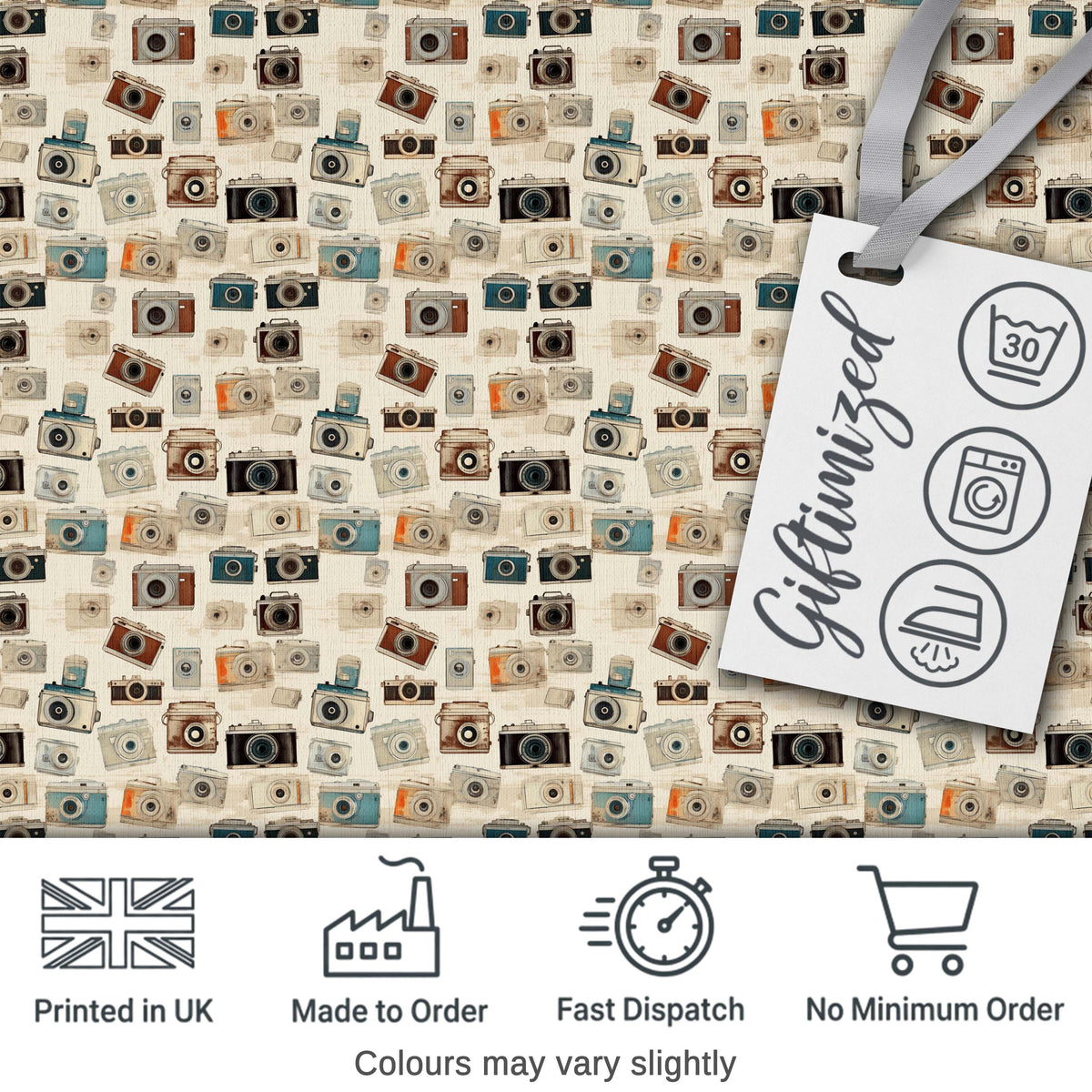 Soft Watercolour Vintage Camera Tossed Seamless Pattern Neutral Background Digital Print Fabric by the Metre UK Sewing Quilting Textile