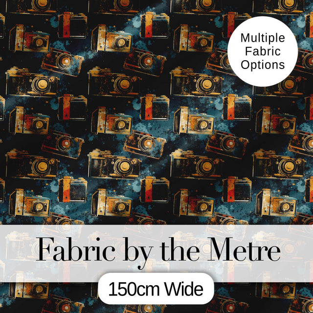 Grunge Vintage Camera Pattern with Dark Blue Textured Background Digital Print Fabric by the Metre UK Sewing Quilting Textile