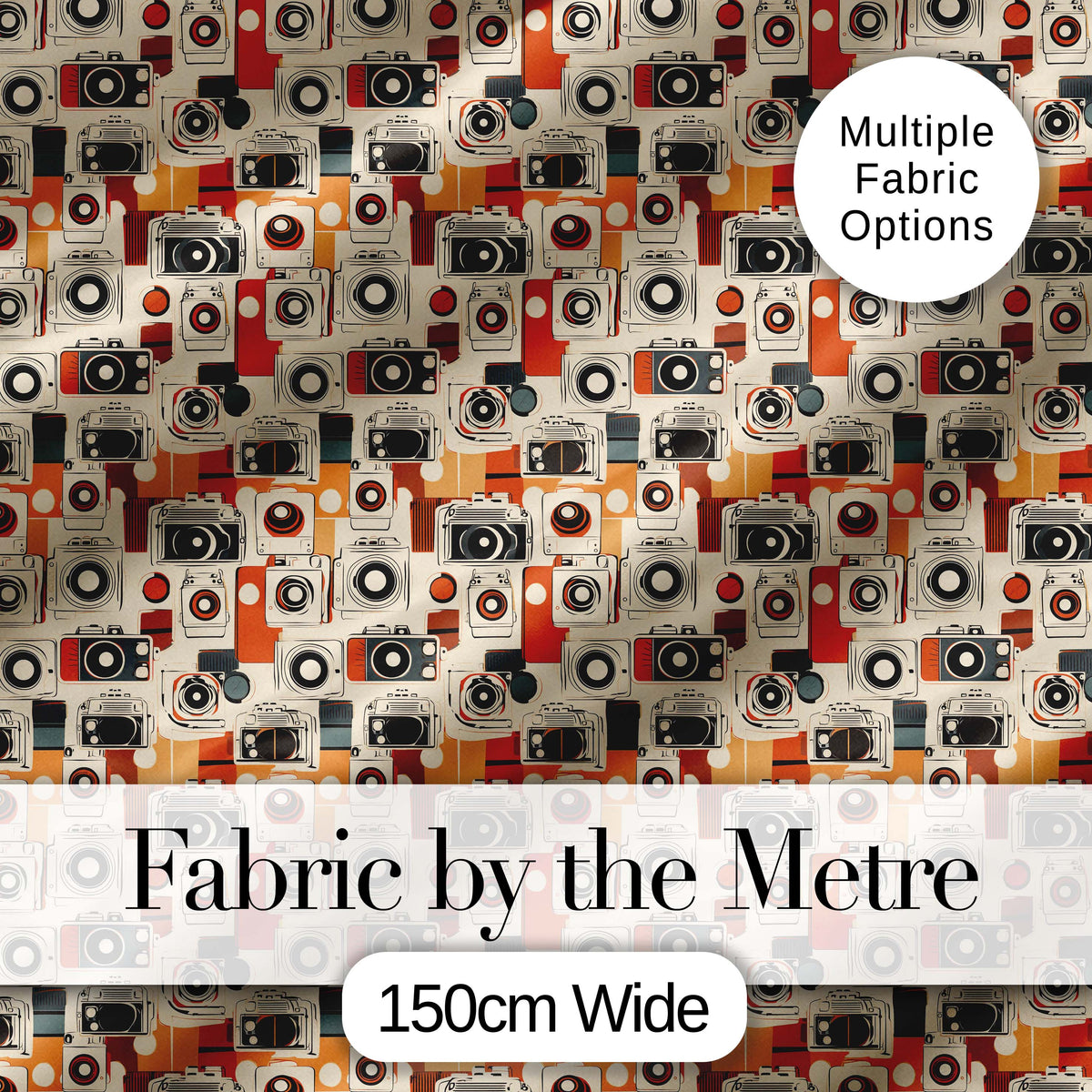Mid Century Modern Abstract Camera Seamless Pattern Orange Cream Style Digital Print Fabric by the Metre UK Sewing Quilting Textile
