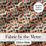 Mid Century Modern Abstract Camera Seamless Pattern Orange Cream Style Digital Print Fabric by the Metre UK Sewing Quilting Textile