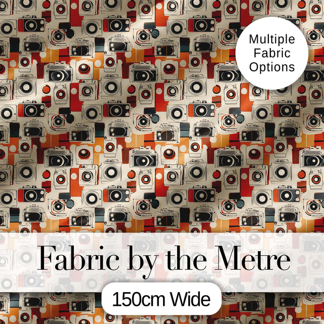 Mid Century Modern Abstract Camera Seamless Pattern Orange Cream Style Digital Print Fabric by the Metre UK Sewing Quilting Textile