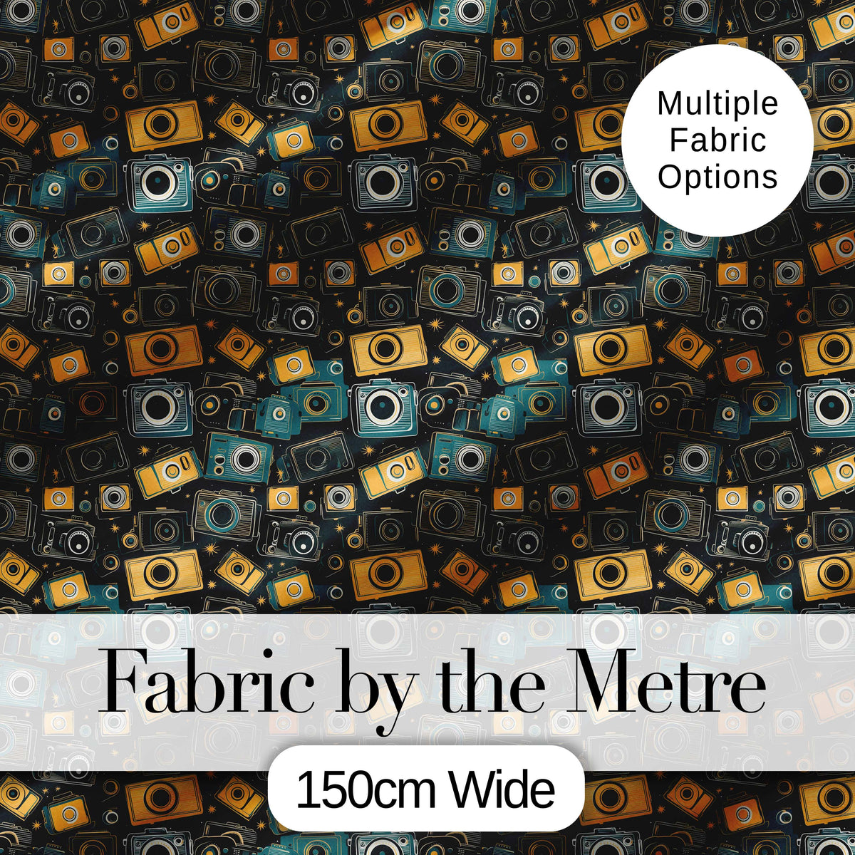 Retro Camera Night Sky Seamless Pattern with Stars Dark Background Digital Print Fabric by the Metre UK Sewing Quilting Textile