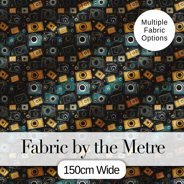 Retro Camera Night Sky Seamless Pattern with Stars Dark Background Digital Print Fabric by the Metre UK Sewing Quilting Textile