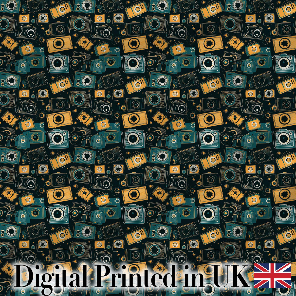 Retro Camera Night Sky Seamless Pattern with Stars Dark Background Digital Print Fabric by the Metre UK Sewing Quilting Textile