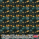 Retro Camera Night Sky Seamless Pattern with Stars Dark Background Digital Print Fabric by the Metre UK Sewing Quilting Textile