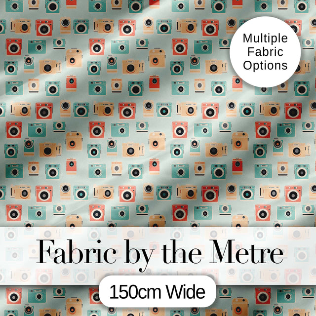 Pastel Retro Camera Minimal Seamless Pattern on Mint Background Digital Print Fabric by the Metre UK Sewing Quilting Textile