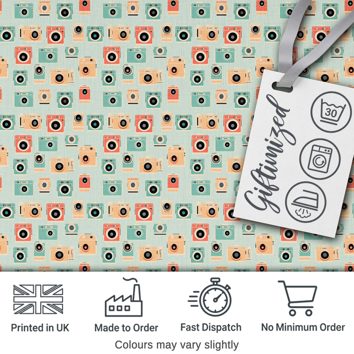 Pastel Retro Camera Minimal Seamless Pattern on Mint Background Digital Print Fabric by the Metre UK Sewing Quilting Textile