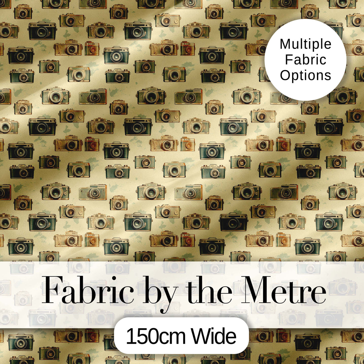 Vintage Camera Scatter Pattern on Warm Beige Background Seamless Design Digital Print Fabric by the Metre UK Sewing Quilting Textile