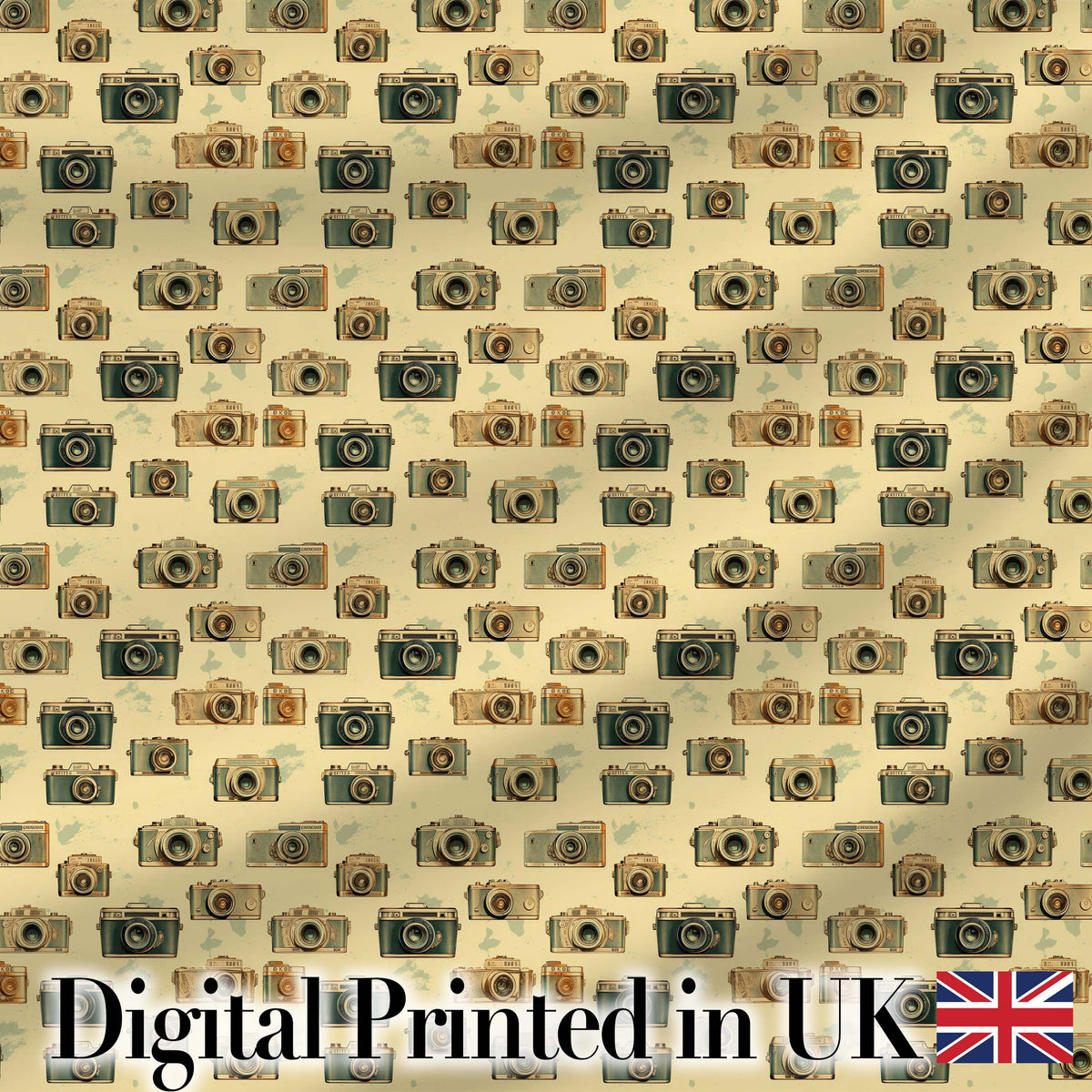 Vintage Camera Scatter Pattern on Warm Beige Background Seamless Design Digital Print Fabric by the Metre UK Sewing Quilting Textile