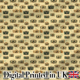 Vintage Camera Scatter Pattern on Warm Beige Background Seamless Design Digital Print Fabric by the Metre UK Sewing Quilting Textile