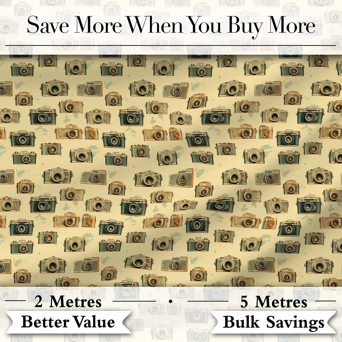 Vintage Camera Scatter Pattern on Warm Beige Background Seamless Design Digital Print Fabric by the Metre UK Sewing Quilting Textile