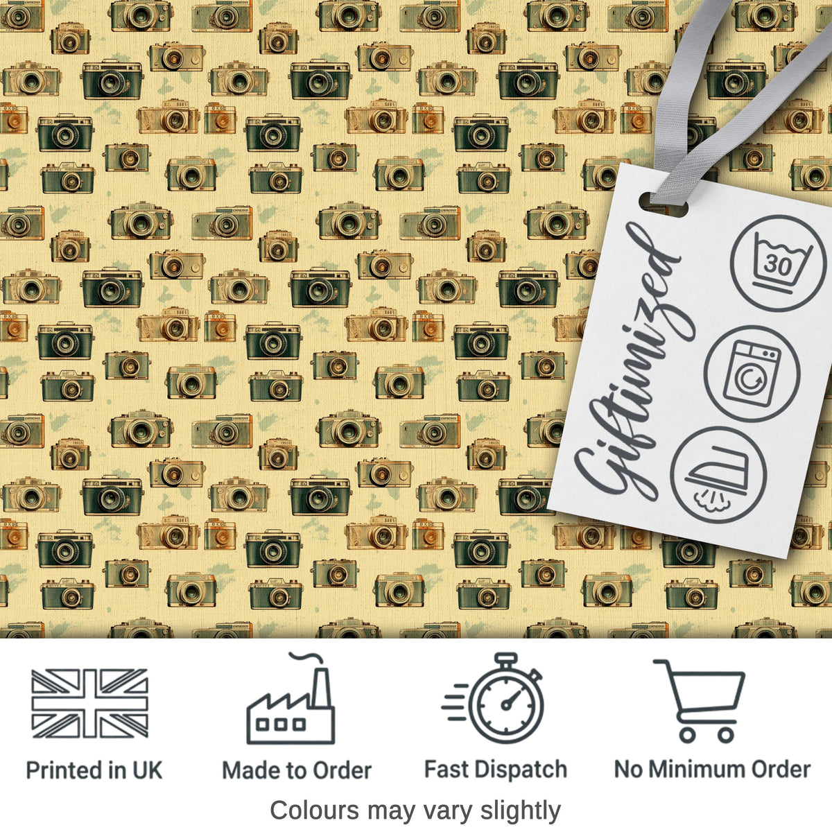 Vintage Camera Scatter Pattern on Warm Beige Background Seamless Design Digital Print Fabric by the Metre UK Sewing Quilting Textile