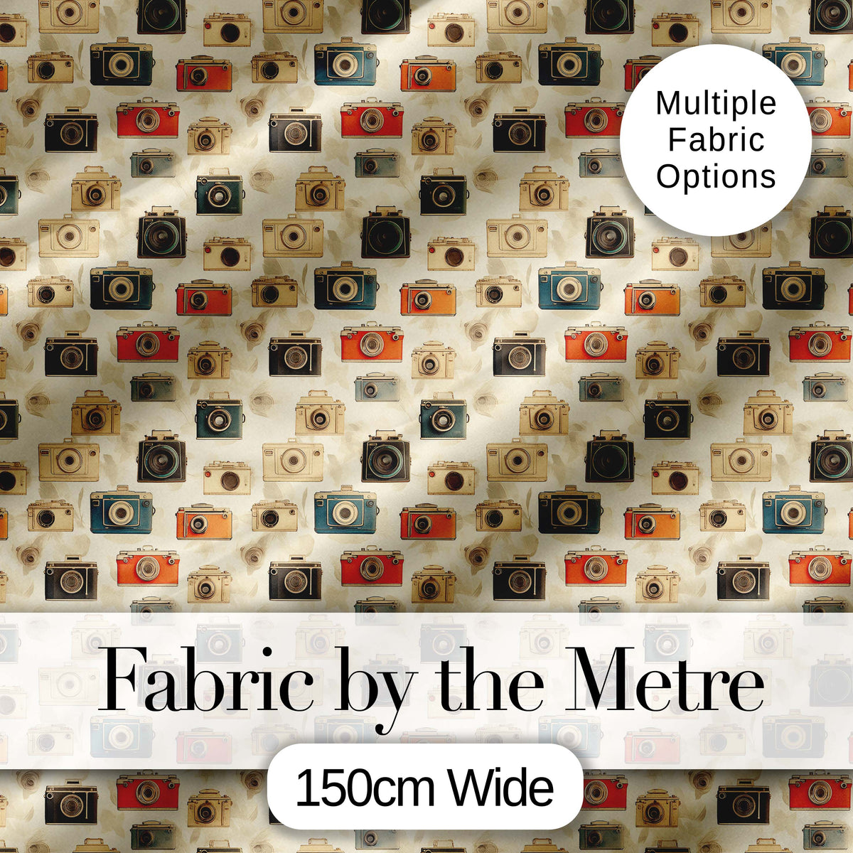 Warm Vintage Camera Pattern with Wooden Texture Background Seamless Design Digital Print Fabric by the Metre UK Sewing Quilting Textile