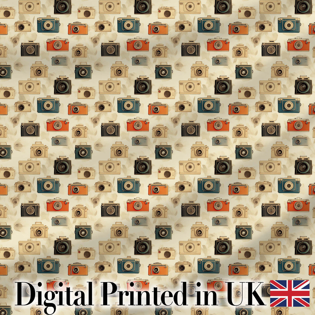 Warm Vintage Camera Pattern with Wooden Texture Background Seamless Design Digital Print Fabric by the Metre UK Sewing Quilting Textile