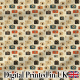 Warm Vintage Camera Pattern with Wooden Texture Background Seamless Design Digital Print Fabric by the Metre UK Sewing Quilting Textile