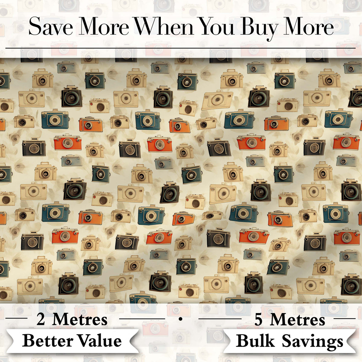 Warm Vintage Camera Pattern with Wooden Texture Background Seamless Design Digital Print Fabric by the Metre UK Sewing Quilting Textile