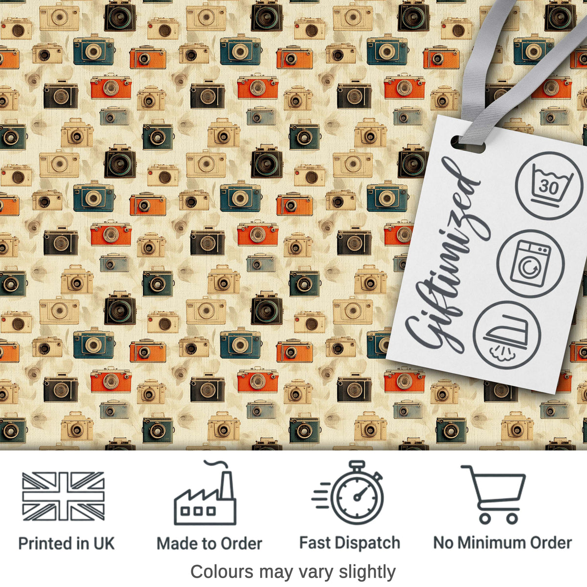 Warm Vintage Camera Pattern with Wooden Texture Background Seamless Design Digital Print Fabric by the Metre UK Sewing Quilting Textile