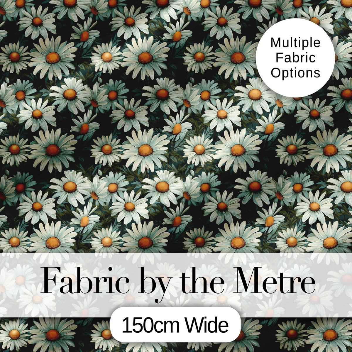 Vintage Daisy Floral Seamless Pattern with White Flowers and Green Leaves Digital Print Fabric by the Metre UK Sewing Quilting Textile