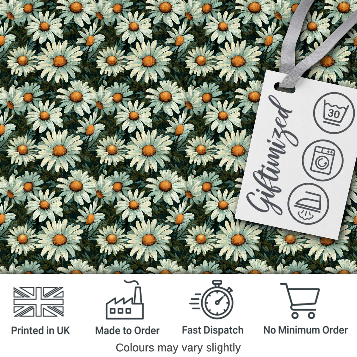 Vintage Daisy Floral Seamless Pattern with White Flowers and Green Leaves Digital Print Fabric by the Metre UK Sewing Quilting Textile