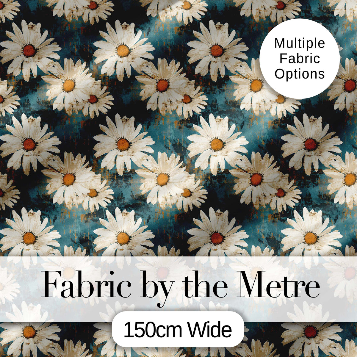 Bold White Daisy Blooms on Deep Textured Teal Background Digital Print Fabric by the Metre UK Sewing Quilting Textile