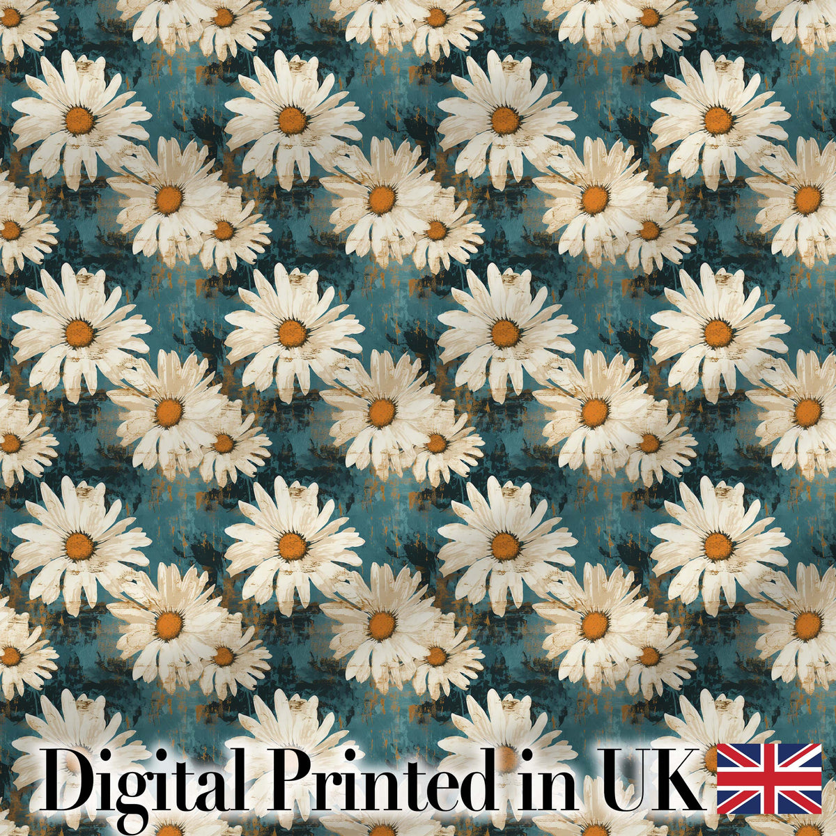 Bold White Daisy Blooms on Deep Textured Teal Background Digital Print Fabric by the Metre UK Sewing Quilting Textile