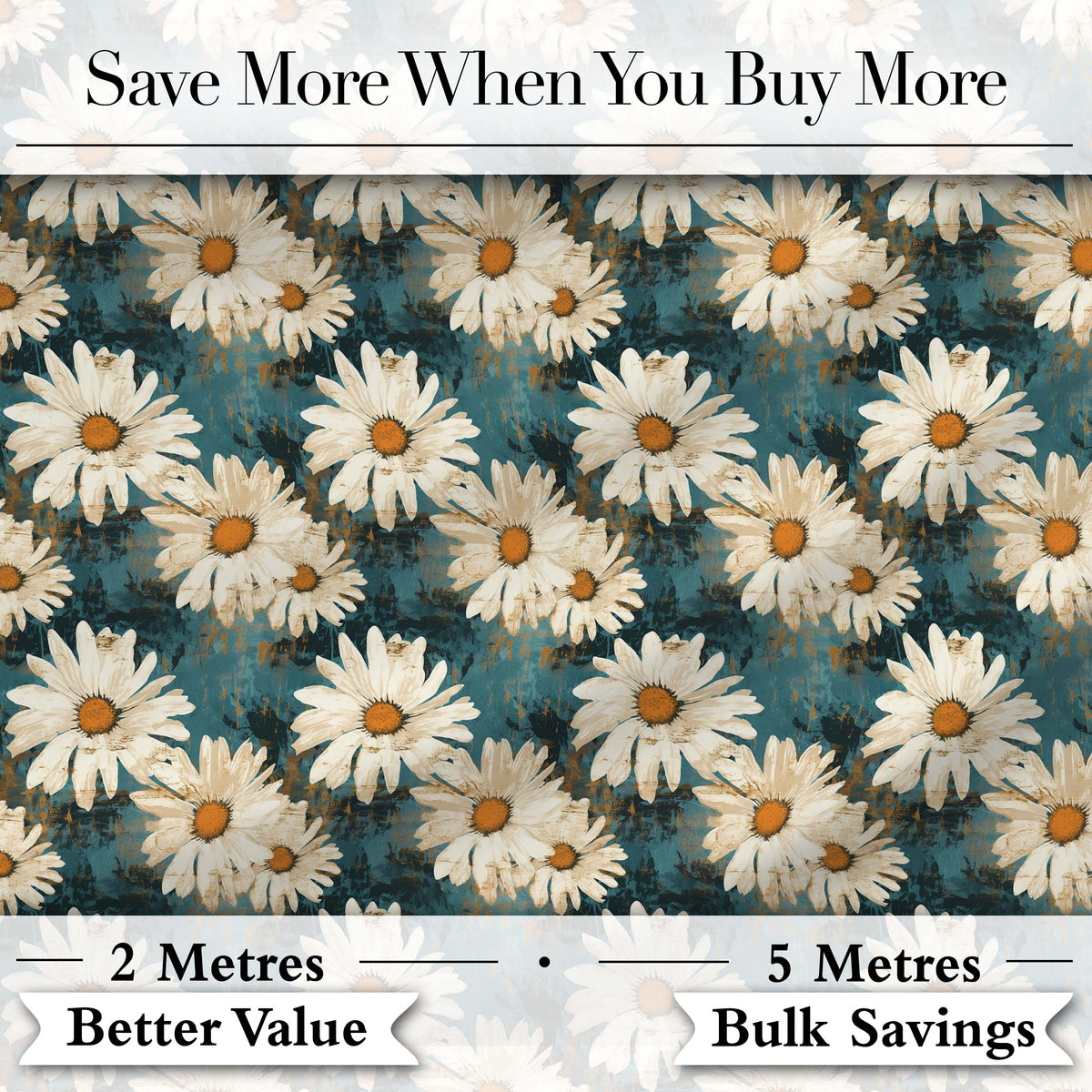 Bold White Daisy Blooms on Deep Textured Teal Background Digital Print Fabric by the Metre UK Sewing Quilting Textile