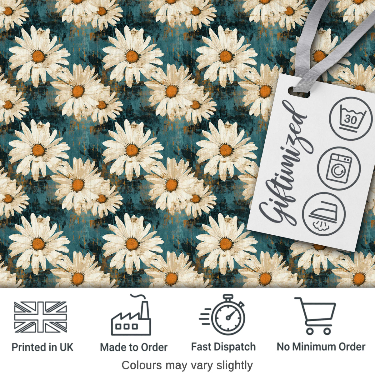 Bold White Daisy Blooms on Deep Textured Teal Background Digital Print Fabric by the Metre UK Sewing Quilting Textile