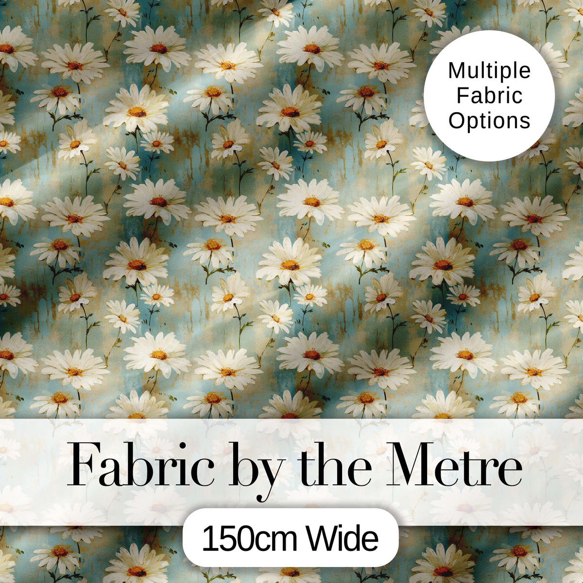 Delicate Wild Daisy Sprigs on Light Aqua Vintage Texture Digital Print Fabric by the Metre UK Sewing Quilting Textile