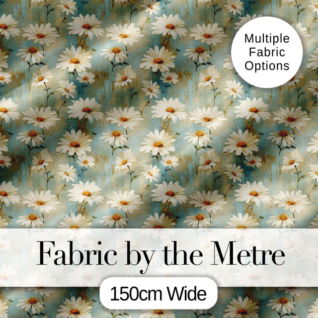 Delicate Wild Daisy Sprigs on Light Aqua Vintage Texture Digital Print Fabric by the Metre UK Sewing Quilting Textile