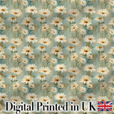 Delicate Wild Daisy Sprigs on Light Aqua Vintage Texture Digital Print Fabric by the Metre UK Sewing Quilting Textile