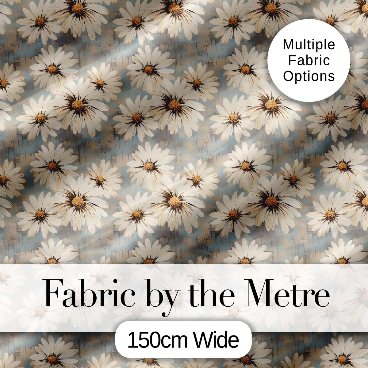 Fresh White Daisy Meadow on Sky Blue Background Digital Print Fabric by the Metre UK Sewing Quilting Textile