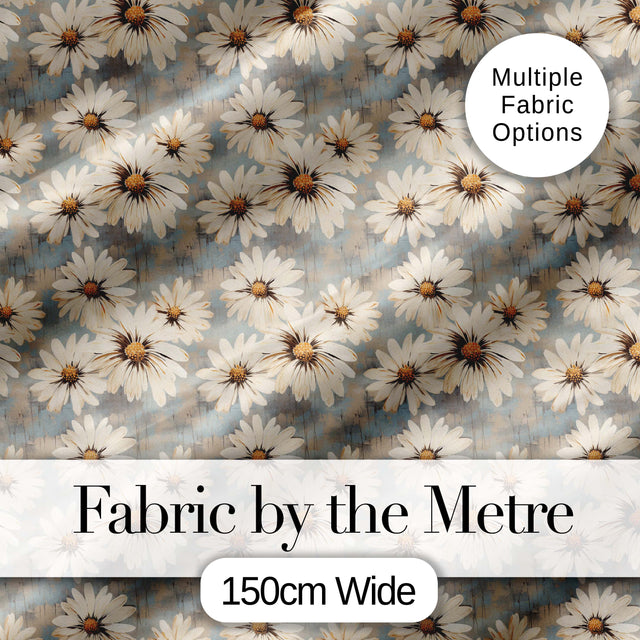 Fresh White Daisy Meadow on Sky Blue Background Digital Print Fabric by the Metre UK Sewing Quilting Textile