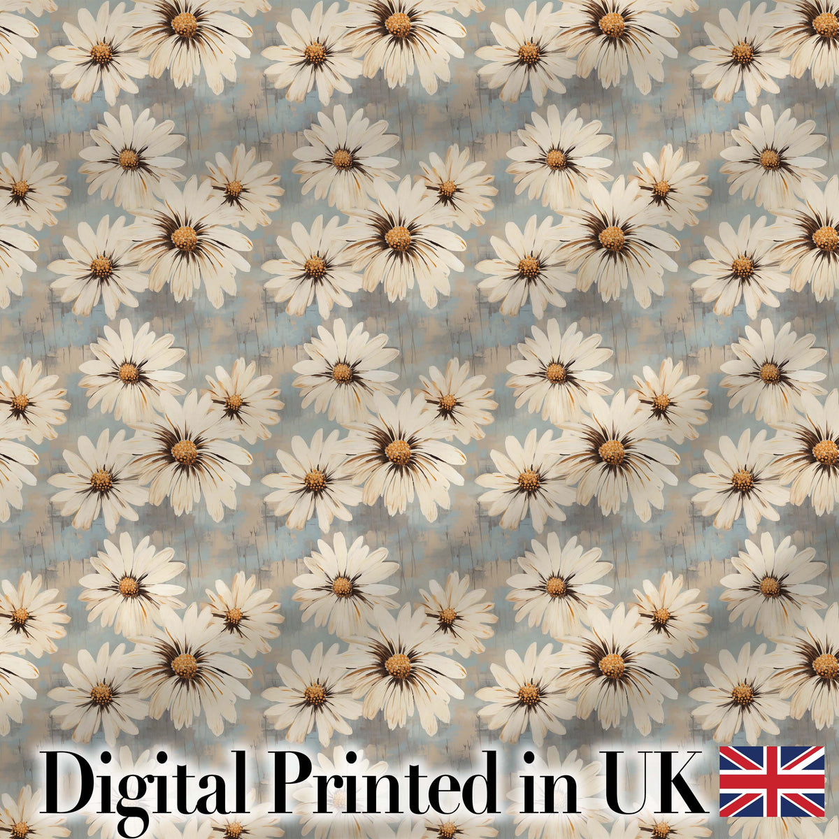 Fresh White Daisy Meadow on Sky Blue Background Digital Print Fabric by the Metre UK Sewing Quilting Textile