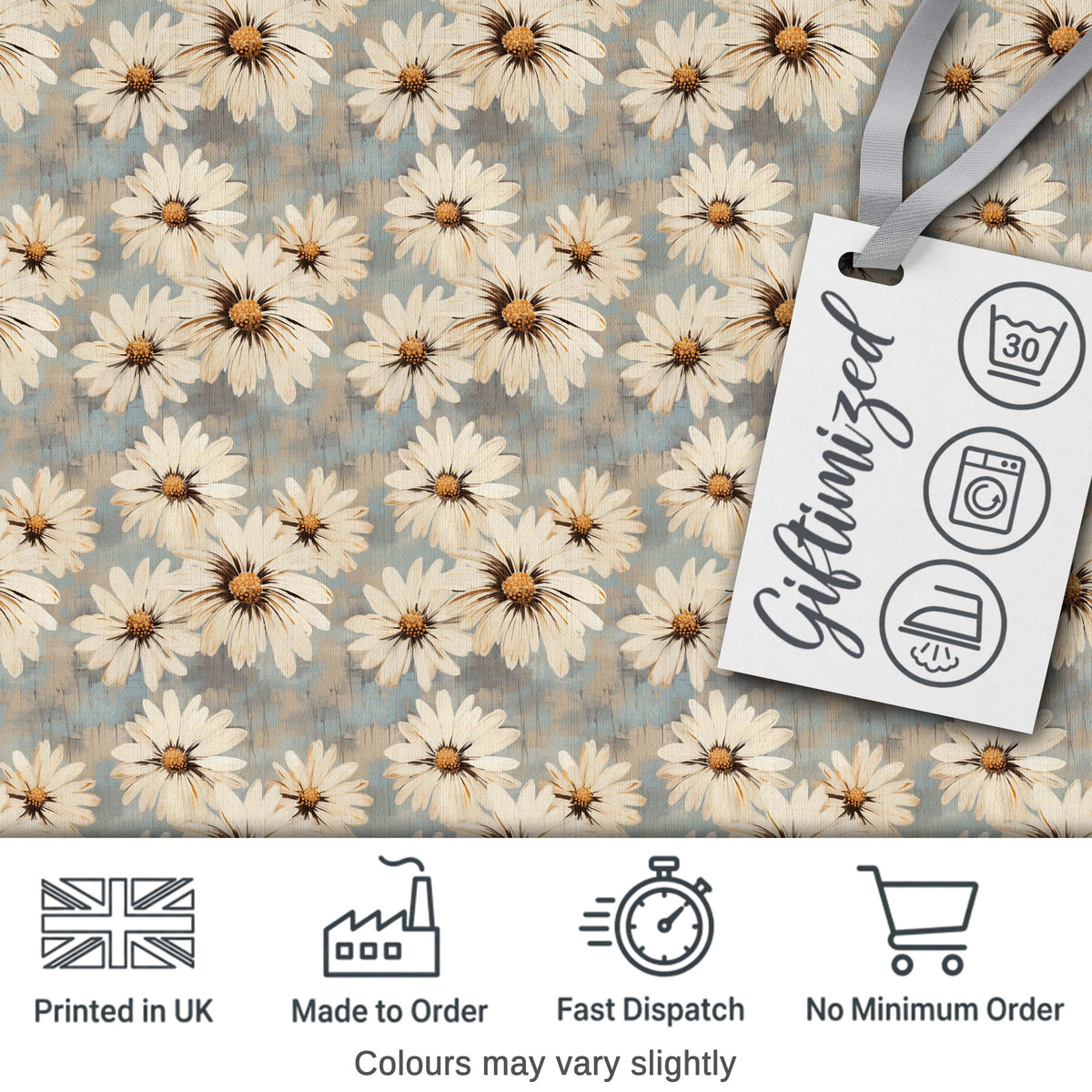 Fresh White Daisy Meadow on Sky Blue Background Digital Print Fabric by the Metre UK Sewing Quilting Textile