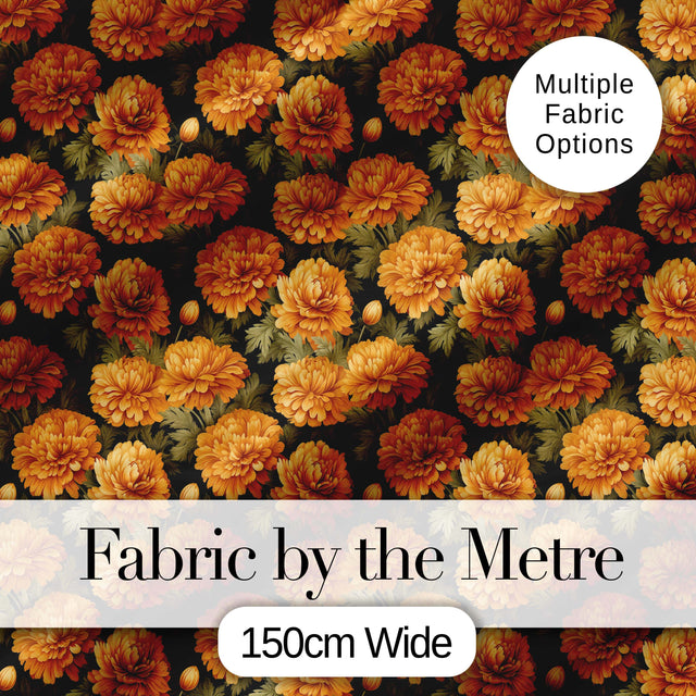 Orange Marigold Floral on Black Seamless Pattern Digital Print Fabric by the Metre UK Sewing Quilting Textile