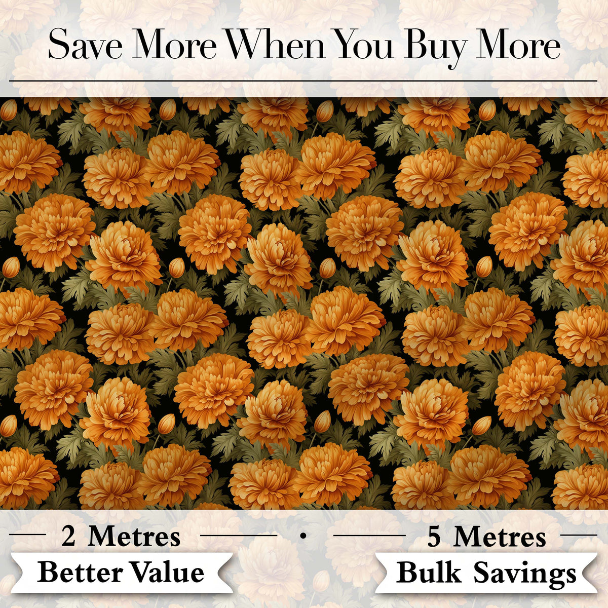 Orange Marigold Floral on Black Seamless Pattern Digital Print Fabric by the Metre UK Sewing Quilting Textile