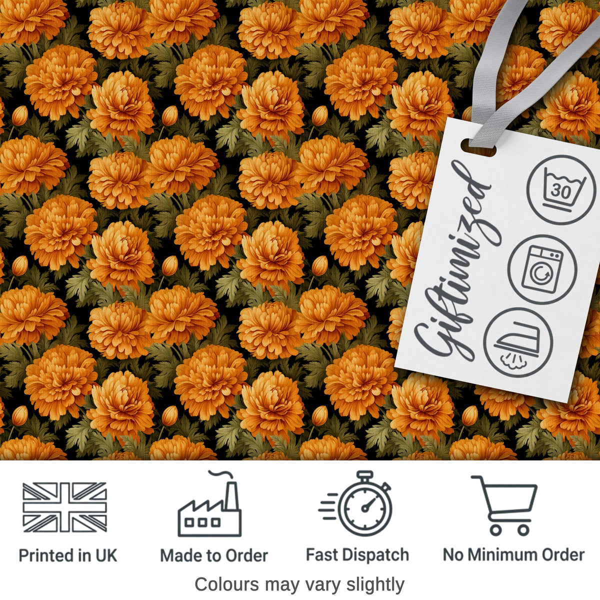 Orange Marigold Floral on Black Seamless Pattern Digital Print Fabric by the Metre UK Sewing Quilting Textile