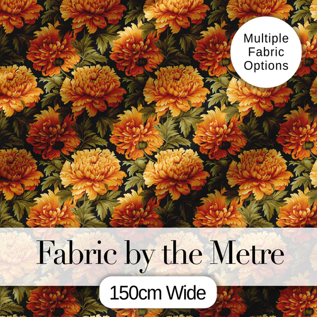 Bold Orange Chrysanthemum Floral Seamless Pattern on Black Background Digital Print Fabric by the Metre UK Sewing Quilting Textile